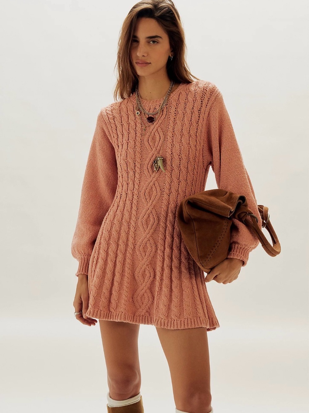 Free People NWT Orla Cable Knit Mini Dress in Nectar Size Large